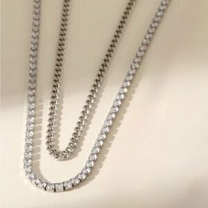 Layered Silver Chain Necklace – Cuban Link & Tennis Chain